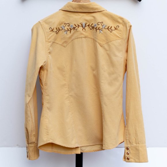 Arizona Jean Company Tops - Vintage Yellow Corduroy Snap Down Shirt with Floral Embroidery on the Back